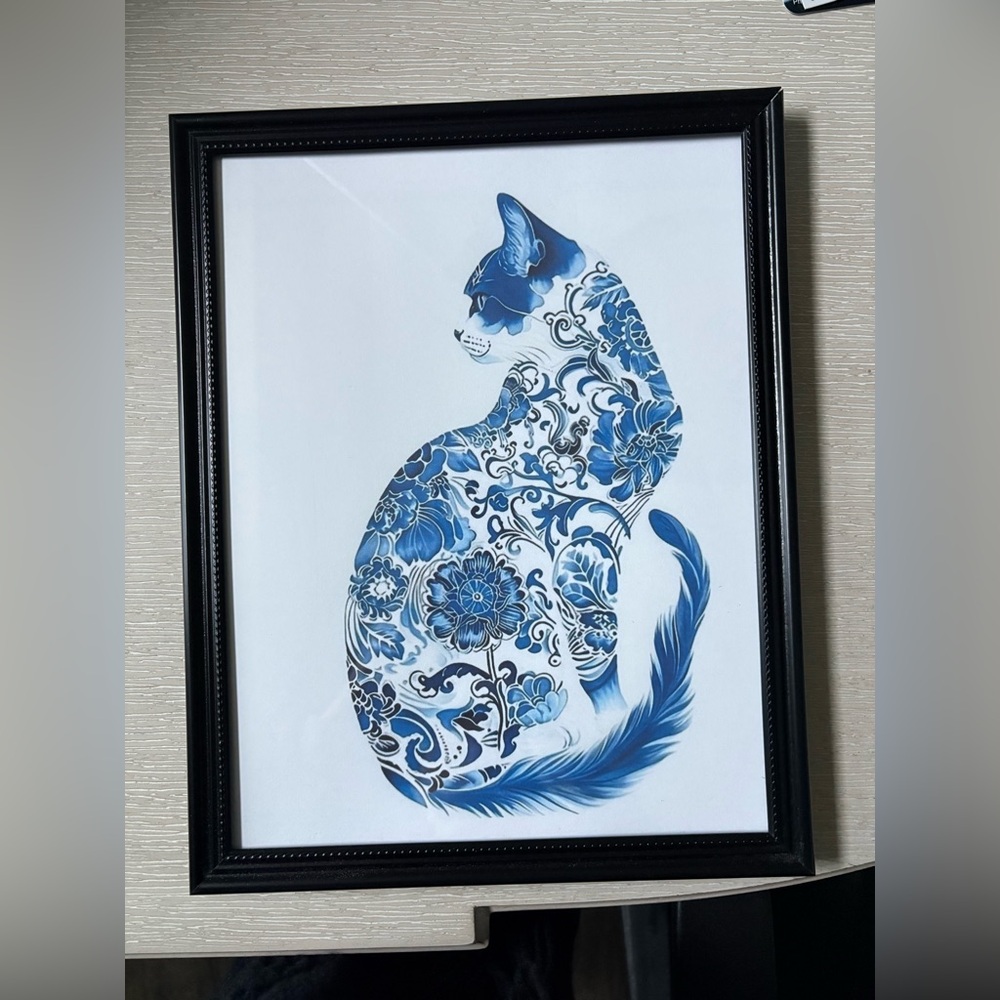 Blue And White Porcelain Cat Framed 8x10” Print